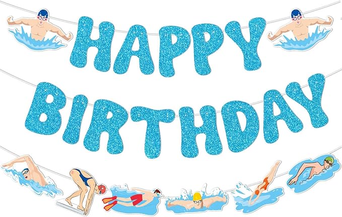 Zwiebeco Blue Swimming Happy Birthday Party Decoration Banner Bunting Garland Hanging Paper for Boys Girls Men Women Kids Adults Summer Pool Swim Sports Themed Birthday Decor Accessories Supplies