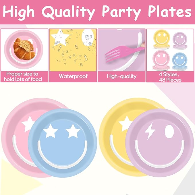 200Pcs Pastel Smile Face Party Decorations Paper Plates Napkin Preppy Smile Face Party Tableware Smile Face Dinnerware Set Supplies for Birthday Bachelorette Baby Shower Table Party Favors Serve 50