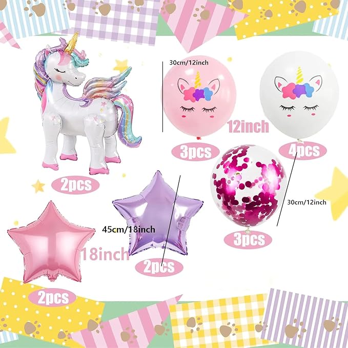 16 Pcs Unicorn Balloons Kit for Birthday Party Decorations - 2 Self Standing 3D Foil Unicorns, 4 Stars & 10 Printed Latex with Tying Tool (No Helium Needed)