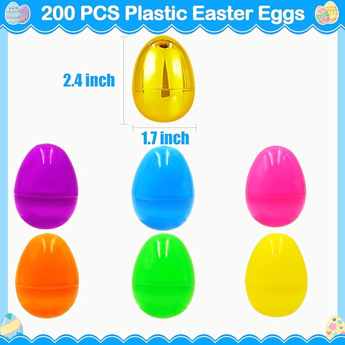200 PCS Fillable Plastic Easter Eggs with 6 Golden Eggs, 2.4 Inch Empty Colorful Eggs for Kids Boys Girls Easter Hunt Party Supplies Classroom Rewards Basket Stuffers Easter Party Favors