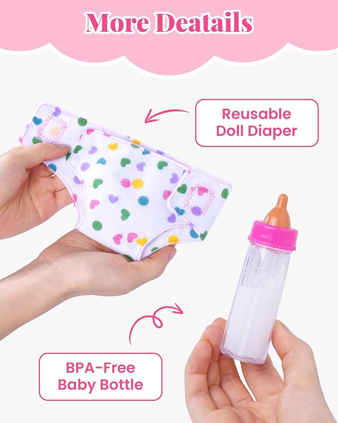 BABESIDE Baby Doll Accessories – 13 Pcs Feeding Set with Magic Bottles, Pacifiers, Bibs, Diapers & Carry Bag, Pretend Play Kit for 12–15 Inch Dolls