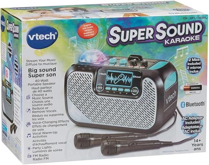 VTech Super Sound Karaoke Portable Bluetooth, 2 Mics Included, Party Lights