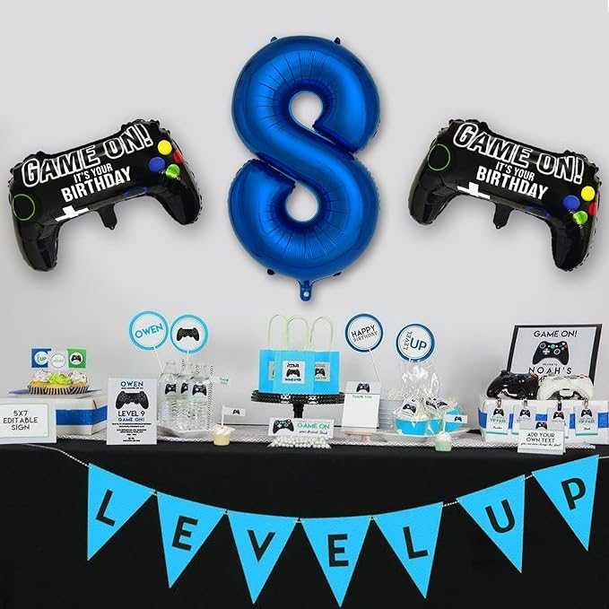 Navy Blue Video Game Party Supplies Boys 8th Birthday Party Decorations- 2 Packs Game On Balloons with Dark Blue Number 8 Balloon