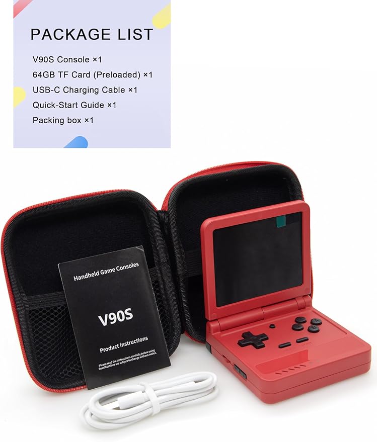 Powkiddy V90S Retro Handheld Console - 10,000+ Preloaded Games, Foldable Clamshell Design, 3.5" IPS Screen, 4-6 Hour Battery, Dual TF Slots (Red)