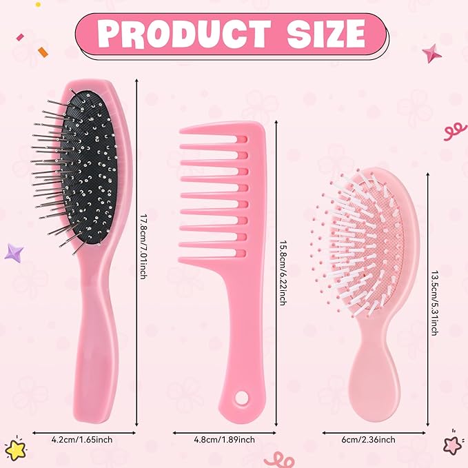 3 Pieces Doll Wig Brush Set with Wide-Tooth Comb, Steel Needle Brush and Nylon Brush, Styling Accessories for 18 Inch Dolls (Light Pink)