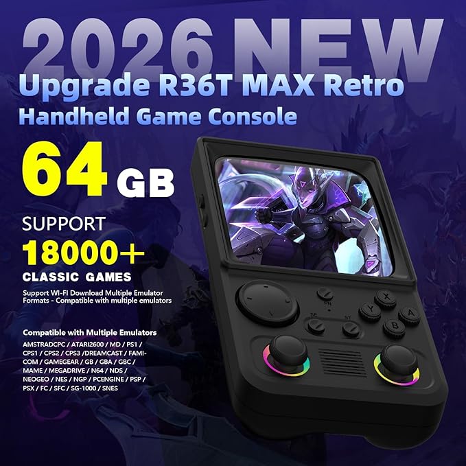 R36TMAX Retro Handheld Game Console, 4.0'' 720x720 IPS Screen, 64GB Supports 18000+ Classic Games, EmuELEC System Supports WiFi Networked Fighting and OTG, 4000mAh, with Portable Case(Gray 64GB)