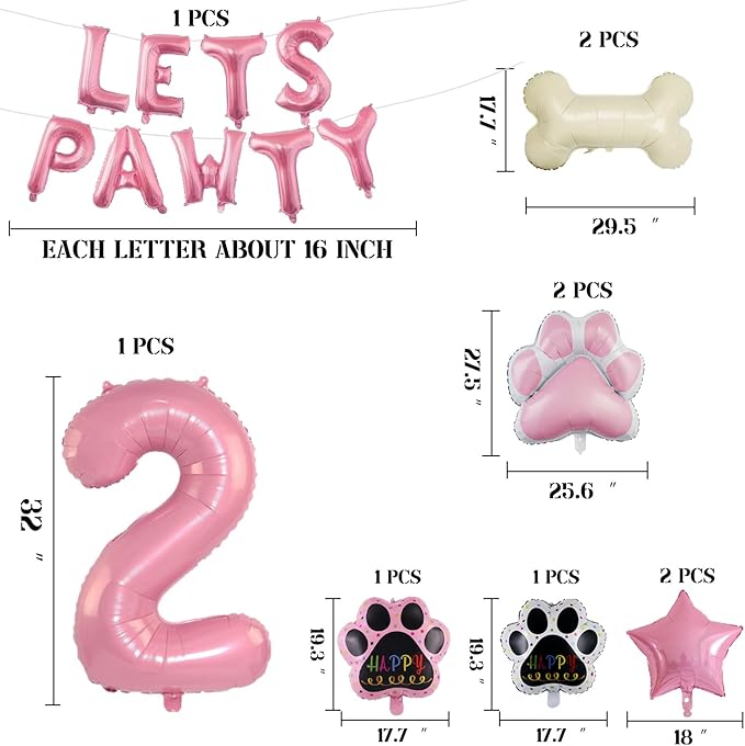 2nd Dog Balloons 18pcs Lets Pawty Balloons Dog Paw Birthday Decor Pink 32 inch Pink Number Balloons 2 Mylar Foil Balloons for Lets Pawty Birthday Decorations Dog 2nd Birthday Party Supplies