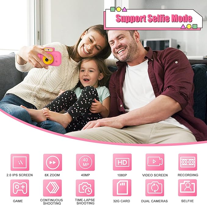 Kids Camera, Toddler Selfie Digital Pink Camera Birthday Toys Gift for Girls Age 3-9, Portable Kids HD Digital Video Recorder with 32G SD Card, Toys for 3 4 5 6 7 8 9 Year Old Kids