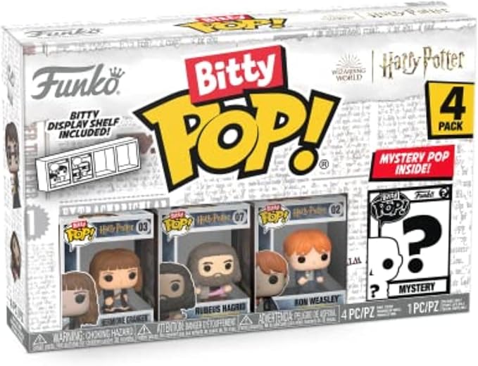 Funko Bitty POP! HP - Hermione in Robe, 4-Pack - Hermione Granger, Rubeus Hagrid, Ron Weasley and A Surprise Mystery Mini Figure - 0.9 Inch (2.2 Cm) - Harry Potter Collectable - Gift Idea