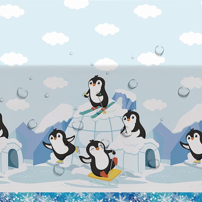 APOWBLS Penguin Birthday Decorations Tablecloth, 3 Pack Disposable Winter Penguin Party Supplies Table Cover for Birthday Baby Shower, 55in x 86in