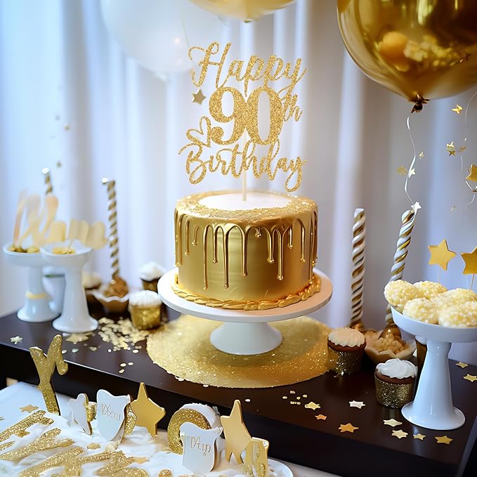 Happy 90th Birthday Cake Topper, 90th Birthday Cake Decorations for Men/Women, Cheers to 90 Years, 90 and Fabulous, 90th Birthday Party Decorations Gold Glitter