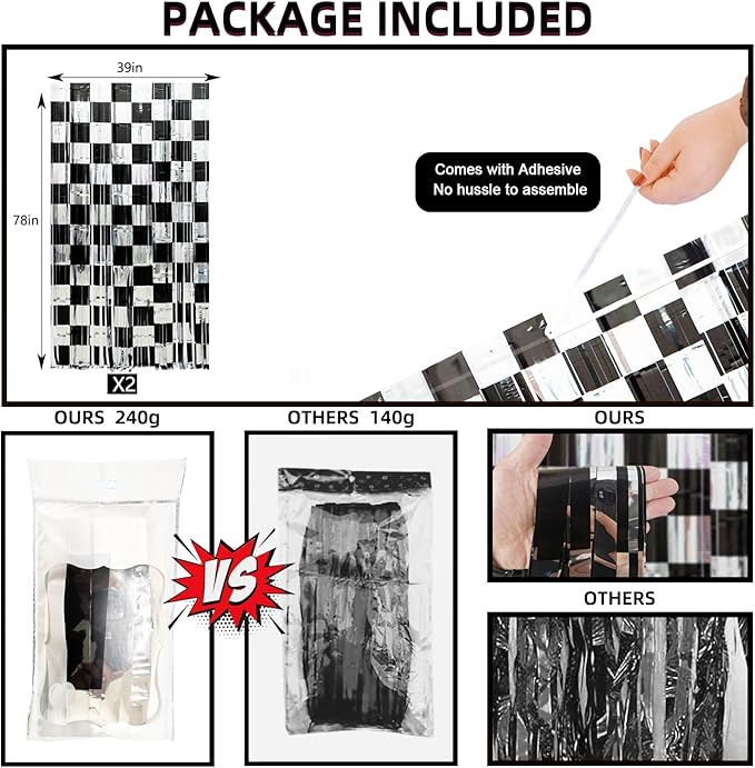Race Car Birthday Party Decoration, 2 Pack Race Car Party Backdrop Photo Booth Prop, Black and Silver Checkered Fringe Curtains Tinsel Photo Streamers for One Happy Dude Race Car Theme Party Supplies
