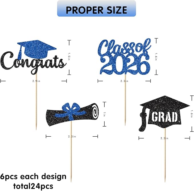 Blue Graduation Cupcake Toppers Decorations Class of 2026 Cupcake Topper Graduation Cup Cake Picks Congrats Grad Party Decor Supplies Set of 24