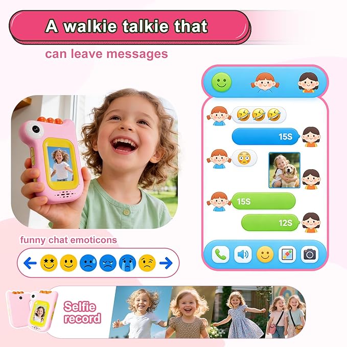 Dinosaur Video Walkie Talkies for Kids with 6 Voice Effects, Support Send Voice, Pictures, Emojis, and Selfies, Upgraded Front and Rear Cameras,Gifts for Boys & Girls Outdoor Play, Camping(Blue/Pink)