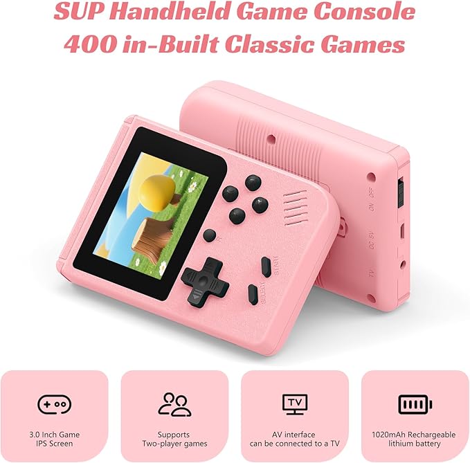 Mini Retro Handheld Games Console, Built-in 400 Video Games, Portable Video Gaming Player with 3.0 Inch IPS Screen and Rechargeable Battery(Pink)