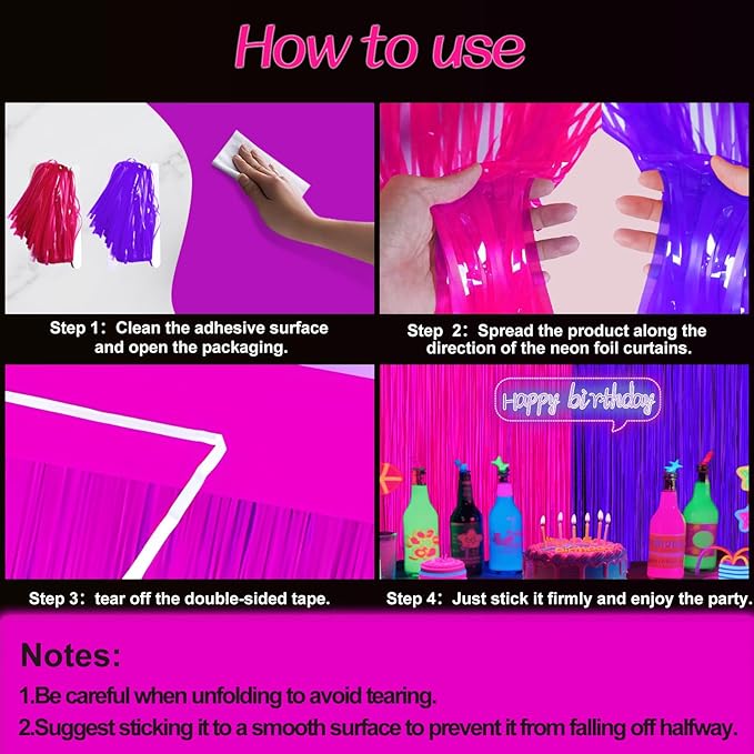 Glow in The Dark Party Supplies 2 Pack Neon Party Decorations Fluorescent Tinsel Foil Fringe Curtains Photo Booth Prop Backdrop Streamer Blacklight Decorations (Neon Hot Pink+Neon Purple)