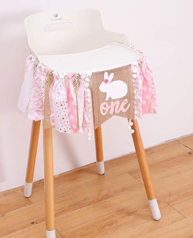 Pink Happy Birthday Banner - 1st Birthday High Chair Banner, Rabbit Themed Photo Props, Princess Party Decorations Supplies for Baby Girl