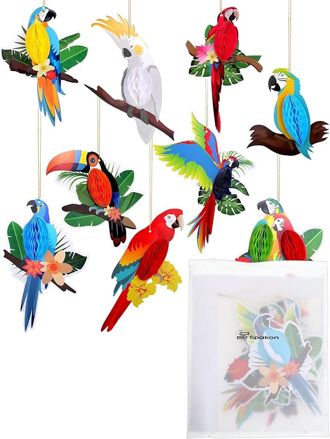 Spakon 9 Pieces Tropical Birds Honeycomb Paper Cutouts Rio Luau Party Hanging Decorations Rainforest Hanging Paper Birds Hawaiian Parrot Honeycomb Cutouts for Luau Party Decor