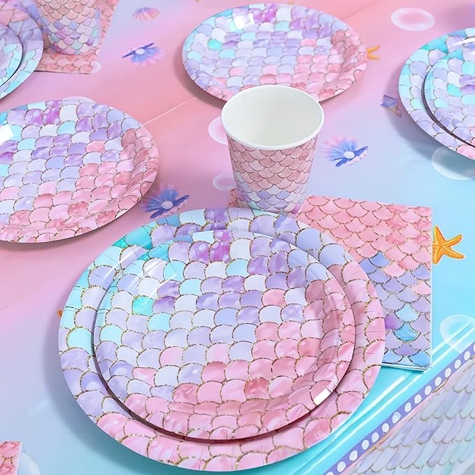 168 Pcs Mermaid Birthday Party Decorations Plates Set for 24 Guests, Little Mermaid Party Supplies Ocean under the Sea Party Plate Napkins Knives Forks Spoons Cups for Princess Girls