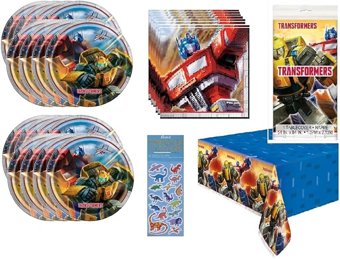 Transformers Birthday Party Supplies Bundle Set includes 16 Lunch Plates, 16 Napkins, 1 Table Cover, 1 Dinosaur Sticker Sheet (Serves 16)