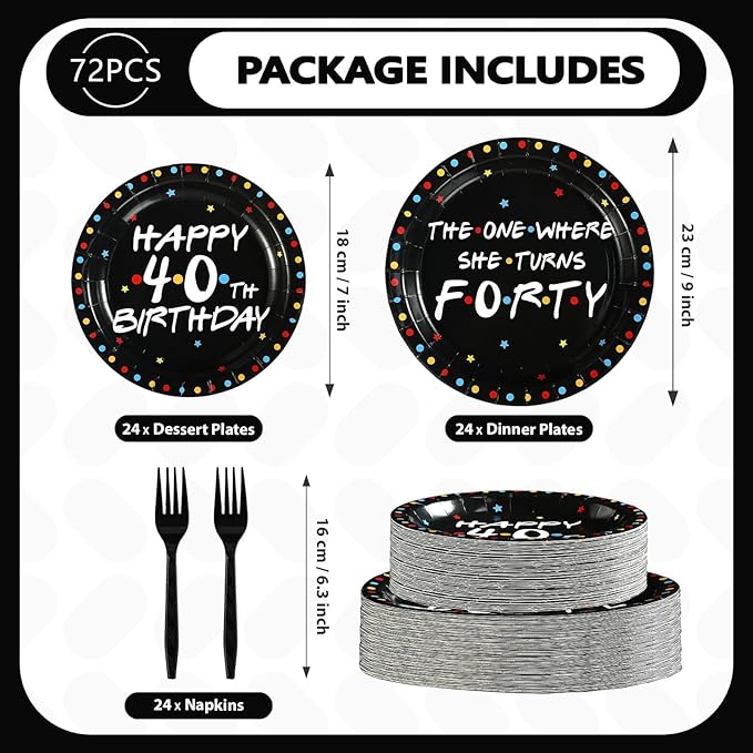 Grencian 72Pcs iFriends Themed Birthday Party Decorations 40th Birthday Plates The One Where She Turns 40 Tableware Set for Women 40 Year Old iFriends TV Show Fans Party Decorations