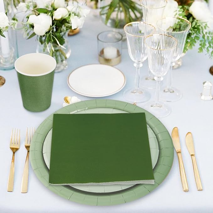 Whaline 96Pcs Sage Green Tableware Set Serves 24 Gradient Green Disposable Dinnerware 24 9" Plates 24 7" Plate 24 9oz Cups 24 Napkins for Wedding Birthday Party Supplies