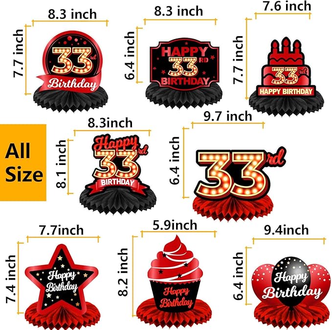 Happy 33rd Birthday Red and Black Table Honeycomb Centerpieces Balloons Theme Decor Table Decorations Table Toppers for Girls Women Princess 33 Years Old Birthday Party Bday Supplies Background Gold