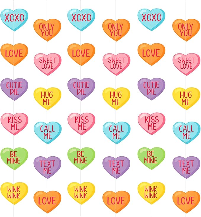 MARFOREVER 41Ft Valentines Day Candy Heart Garland, No DIY Conversation Heart Banner 5 Pcs Love Hanging Paper Banners for Valentine's Sweet Day Party Decorations Wedding Anniversary Birthday Supplies