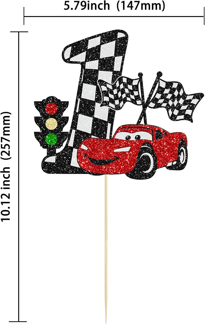 Gyufise 1Pc Car Cake Topper Race Car First Birthday Cake Decorations for Racing Car Checkered Flag Themed Kids Boy Girl Happy Birthday Party Supplies