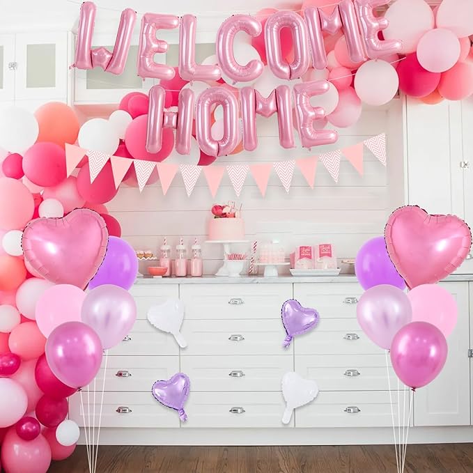 TONIFUL Welcome Home Decorations,16 Inch Pink Welcome Home Foil Balloon Banner Pink Purple Confetti Balloons Pennant Flag Bunting for Homecoming Party House Warming Party Family Gathering Supplies