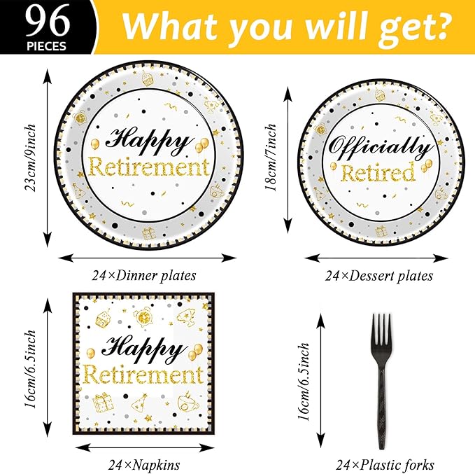 96 Pieces Happy Retirement Decorations Tableware for Men and Women - Dessert Plates, Napkins, Forks, Favors for 24 Guests