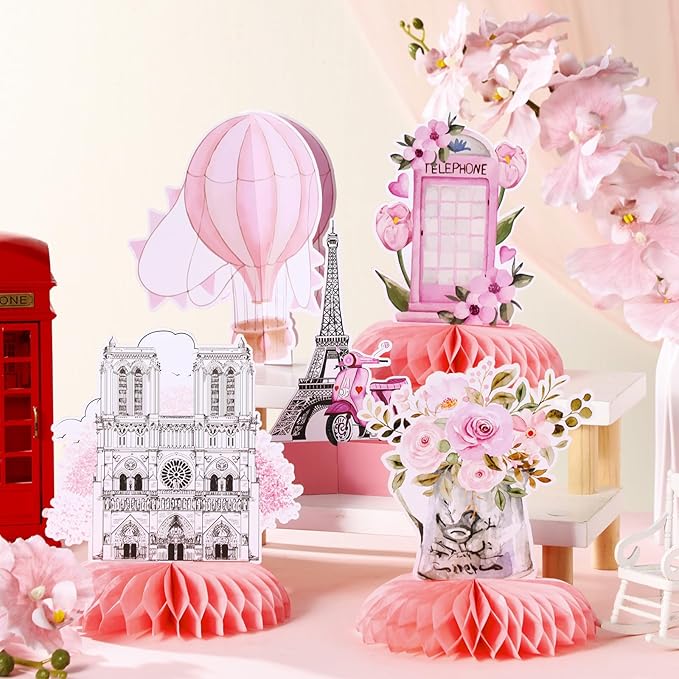 12 Pcs Paris Party Decorations Eiffel Tower Honeycomb Table Centerpieces Pink Perfume Hot Air Balloon Bicycle Paris Table Topper Decoration for French Birthday Party Favors Supplies