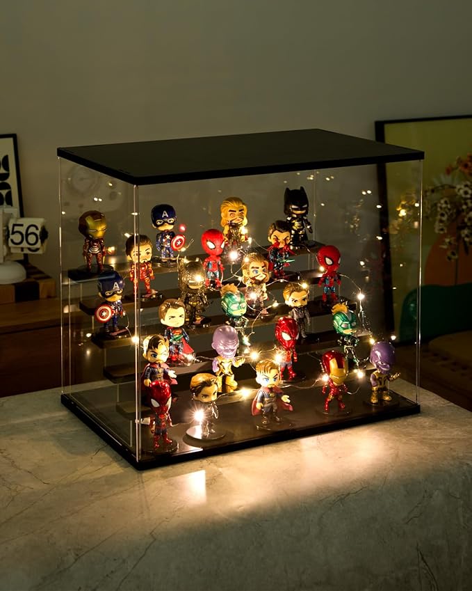 Clear Acrylic Display Case with Light , 6 Tier Display Box Stand Assembly Dustproof Protection Showcase for Collectibles Action Figures (Black 6 Tier L 19.7*12.6*16.5in；50×32×42cm)