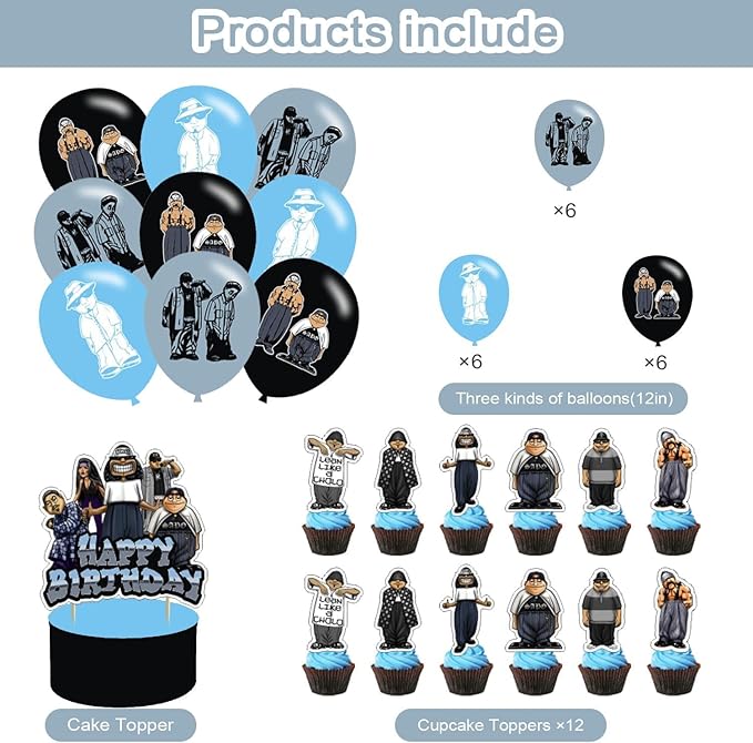 Homies Birthday Party Decoration Set - Theme Banner, Cake Topper, Latex Balloons for Fans Party Supplies, Blue