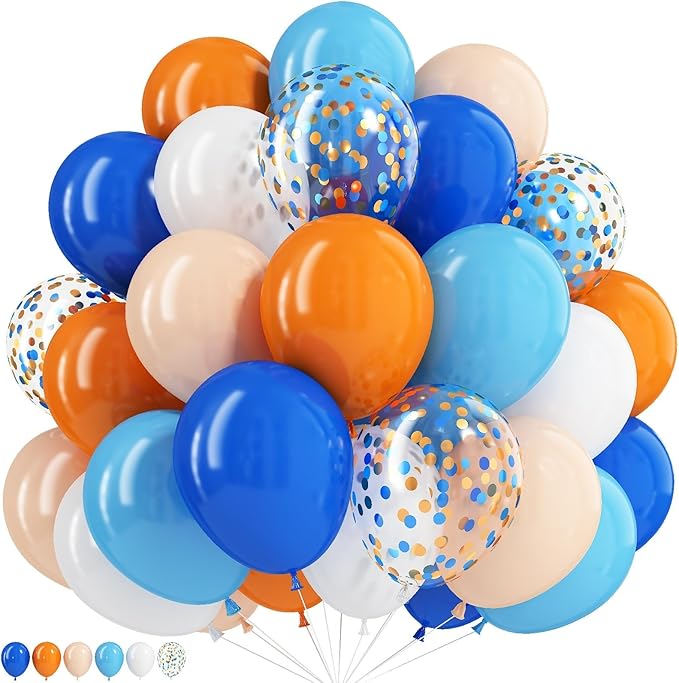 Blue and Orange Balloons 60PCS 12INCH Orange White Balloon Navy Dark Light Blue Confetti Balloon for Puppy Birthday Dog Theme Party Decorations Helium Latex Balloons for Arch