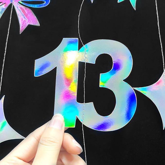 Iridescent 13th Bow Birthday Decorations Glitter Conquette Bow Garland Streamer Banner Backdrop for Girls Boys Happy 13th Birthday Official Teenager Cheers to 13 Years Old Anniversary Party Supplies