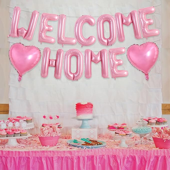 TONIFUL Welcome Home Balloons,16 Inch Pink Welcome Home Foil Balloons Banner Welcome Home Party Decorations for Homecoming Party Decorations House Warming Party Family Gathering Supplies