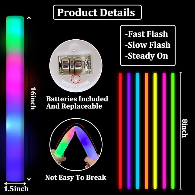 Camlinbo 148 PCS Glow in the Dark Party Supplies- 24 Pcs 12" Foam Glow Sticks, 24 Pcs LED Glasses, 100Pcs Glow Sticks Necklaces Bracelets Light Up Party Favors Pool Wedding Concert Easter Basket
