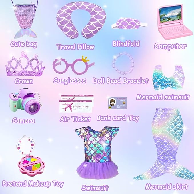 18 inch Girl Doll Accessories Case Luggage Travel Play Set with Clothes Camera Travel Pillow Bag Dress Glasses Stuff Fit 18 inch Doll Christmas Birthday Gift