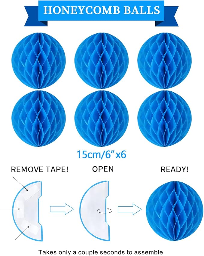 Blue Birthday Decorations Kit - 16-Piece Set with Pre-Strung Happy Birthday Banner, Honeycomb Balls, Garland & Swirls | Blue Theme Party Supplies for Men Boys Kids, Teens Adults