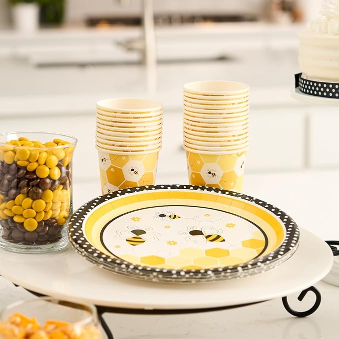 Royal Bluebonnet Bumble Bee Paper Plates - Set of 24-9 and 7 inch Plates, Napkins, and Cups What Will it Be Party Supplies, Sturdy 400 GSM Weighted Bee Baby Shower Decorations, Birthday