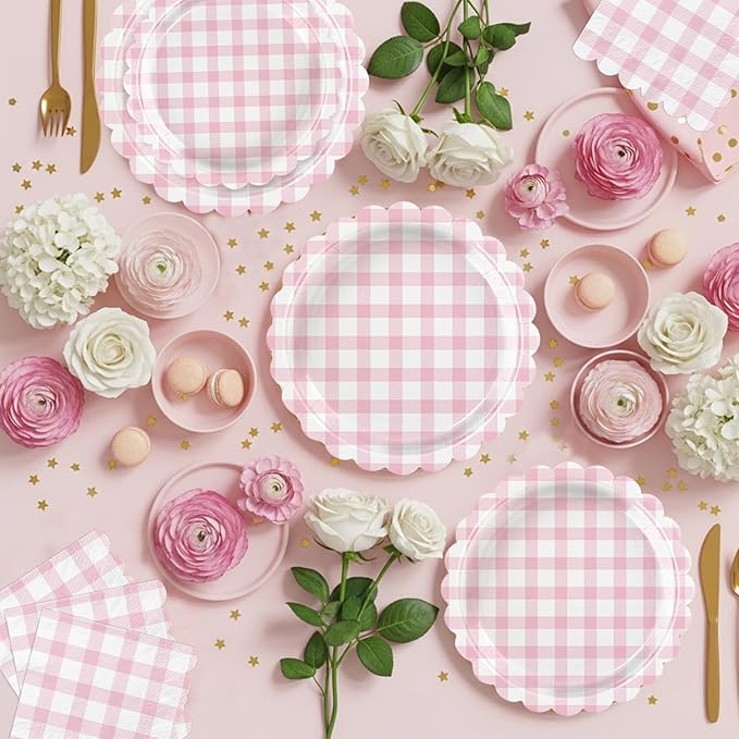 102 PCS Pink Gingham Party Supplies - Scalloped Plates, Napkins, Cups, Forks, Banner, Gingham Tablecloth for Baby Shower, Birthday, Pink Party Decorations, Serves 25