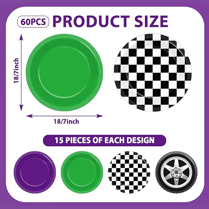 60Pcs Monster Truck Party Paper Plates Green Purple Monster Truck Birthday Party Supplies 7 Inch Black and White Checked Theme Disposable Dinner Dessert Cake Plates for Kids Racing Car Birthday Decor