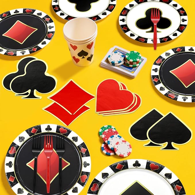 Casino Birthday Party Plates Set for 20 Guests, Including Poker Tablecloth, Napkins, Forks and Plates for Casino Theme Party Decorations Game Night Baby Shower