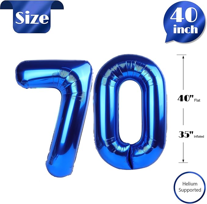 Navy Blue Number 70 Balloon 40 inch, 70 Number Balloons, 70th Navy Blue Birthday Decorations, 70 Year Old Women Men Blue Party Supplies