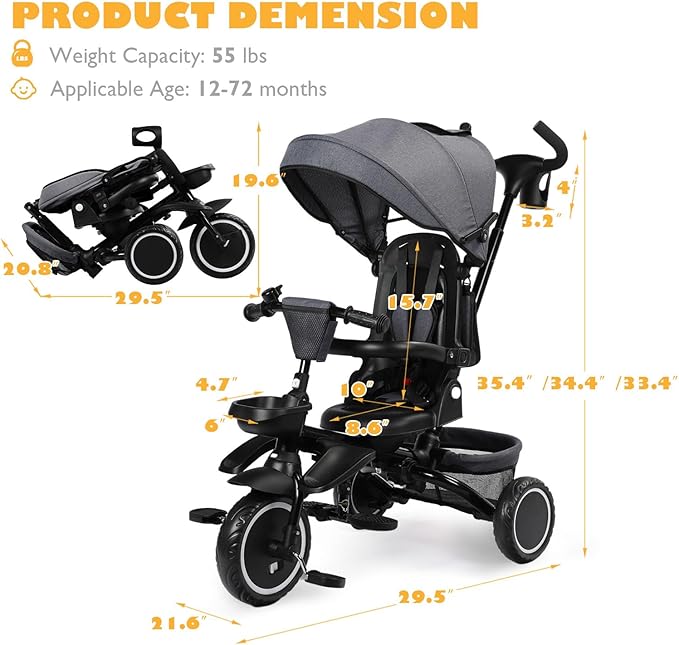 Folding Kids Tricycle, 8 in 1 Toddler Trike W/Removable & Adjustable Canopy, Parent Handle, 5-Piont Harness, Toddler Bike Tricycle for Kids 1-6 Years, EVA Wheels, Storage Basket, Grey