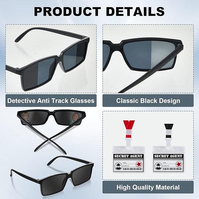 Umigy 24 Pcs Secret Agent Name Tags and See Behind You Sunglasses Secret Agent Badge Rear View Mirror Sunglasses Detective Glasses for Escape Room Party Favors Detective Party Supplies