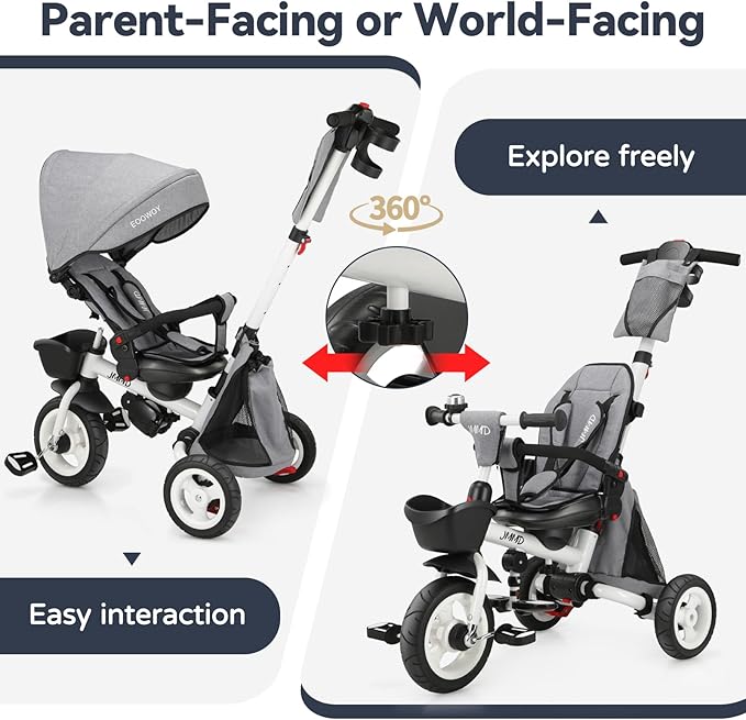 JMMD 8 in 1 Tricycle Stroller with Push Handle, Foldable Trike with 360° Swivel Seat, Reclining Backrest, All-Terrain Wheels, Dual Brakes, Canopy & Storage, Gift for Kids 18 Months to 5 Years, Gray