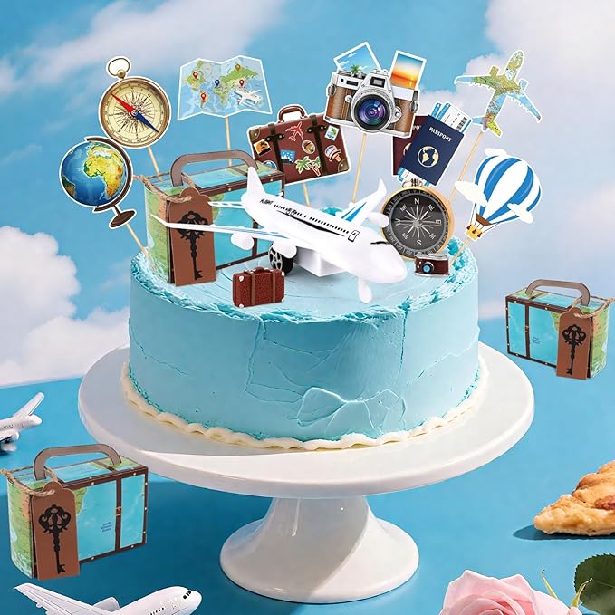 Hooqict 34 Pcs Travel Cake Topper with Mini Suitcase, Globe, Map, Airplane Cake Decorations for Travel Themed Party Decorations Let The Adventure Begin Around the World Party Supplies