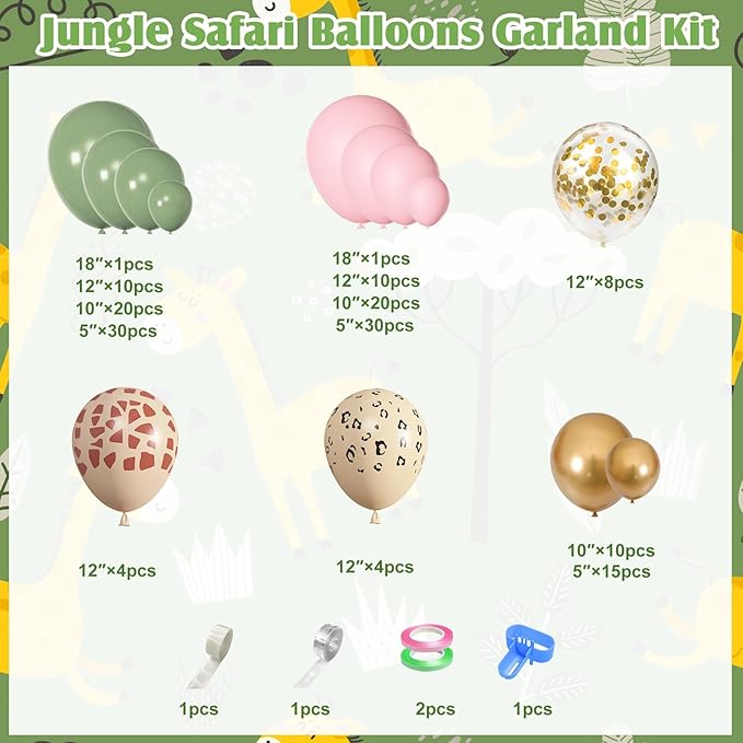 Amandir 170Pcs Jungle Safari Balloons Garland Arch Kit Animal Printed Pink Sage Green Balloons Wild One Giraffe Leopard Safari Baby Shower Decorations for Girl Birthday Party Supplies